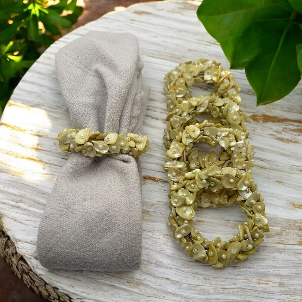 Vintage Seashell Napkin Ring Holders Mother of Pearl Puka Shell (set of 6)-sandy